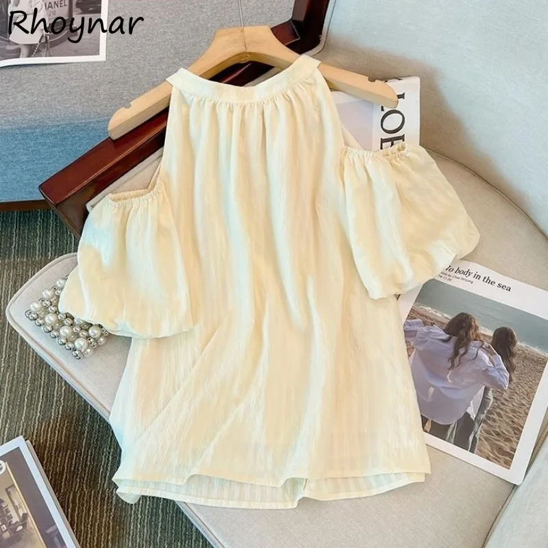 

Halter Blouses Women Sweet Tops Loose Off Shoulder Slimming Short Sleeve Lace-up Girls College Summer Holiday All-match