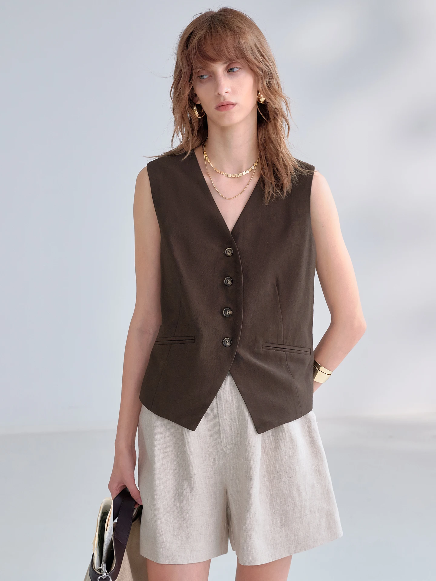 Cooling V-Neck Women's Vest Breathable Linen Blend Fabric Comfortable Fit Summer Fashion Inner/Outer Wear Single Button Closure