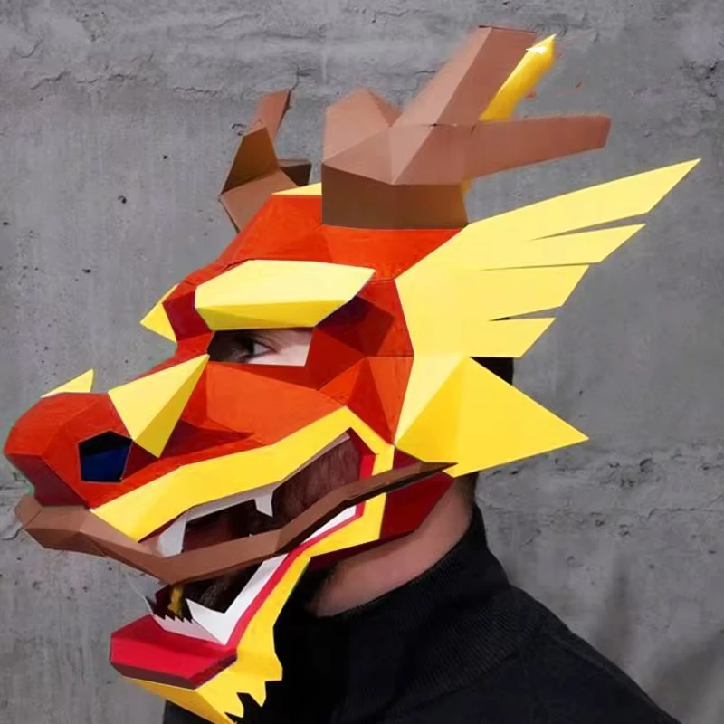 Dragon King Mask Full Face Handmade DIY Paper Model 2024 Dragon Year Lucky, Dominant Wearable Cos Performance Head Set