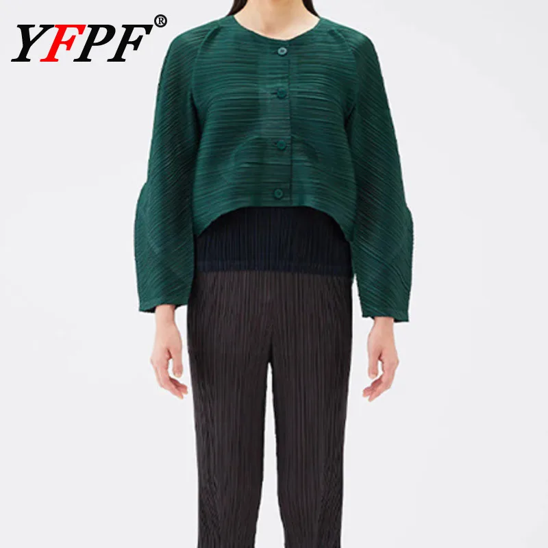 

YFPF модная плиссированная женская блузка Miyake с круглым вырезом и длинным рукавом, однотонные свободные топы на пуговицах, повседневная новинка 2025, одежда
