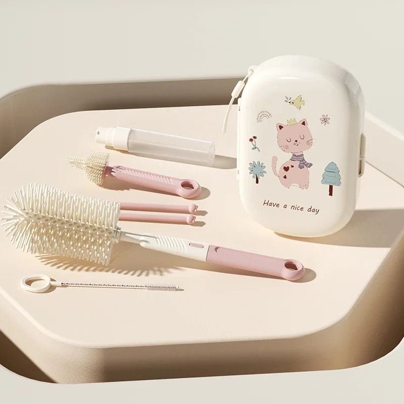

Multifunctional Straight Handle Silicone Bottle Brush - Portable Nipple & Container Cleaning Set with Draining Rack for Bottle