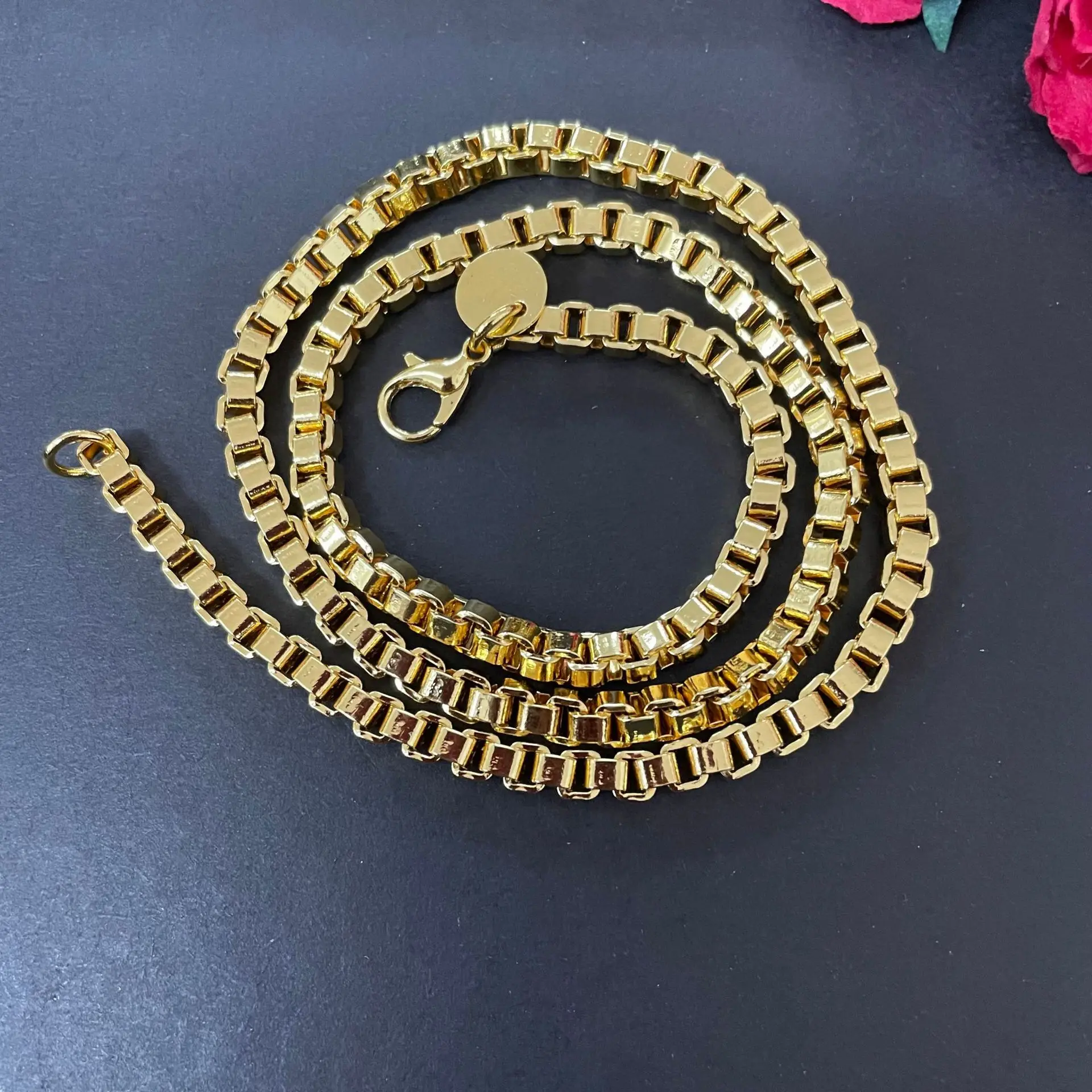 Daily Commute 4MM Square Box Chain Necklace For Men & Women 24K Gold AU999, simple and elegant with premium temperament