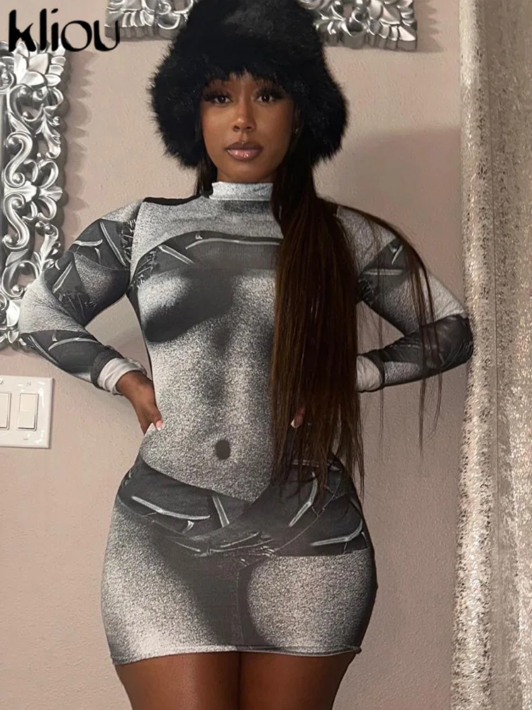 kliou 3D Body Print Mini Dress Women Vintage Unique Autumn Full Sleeve Stand Collar Slim Fit Robe Ladies Panelled Trend Vestido