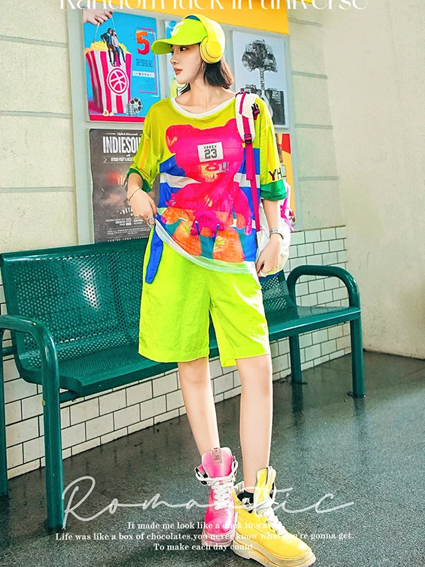 Fluorescent Green Casual Shorts Women Spring and Summer New Blue and White Contrasting Color Splicing Loose Sports Beach Shorts