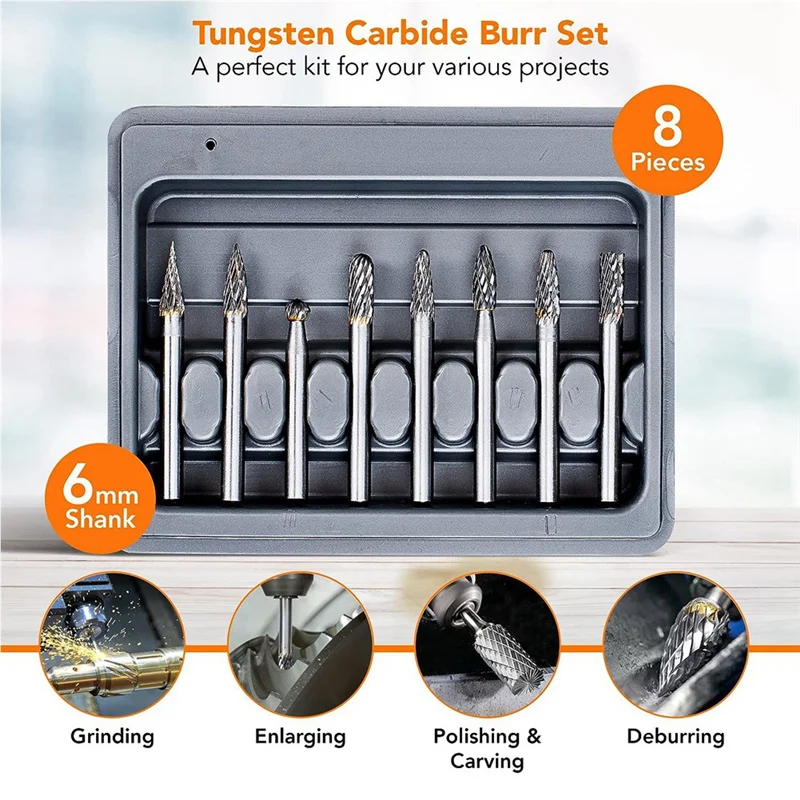 AEE6-Double Cut Carbide Burr Set ¼In Shank 8PCS - Tungsten Carbide Die Grinder Bits - Rotary Rasp - Versatile Rotary Tool Bits Si