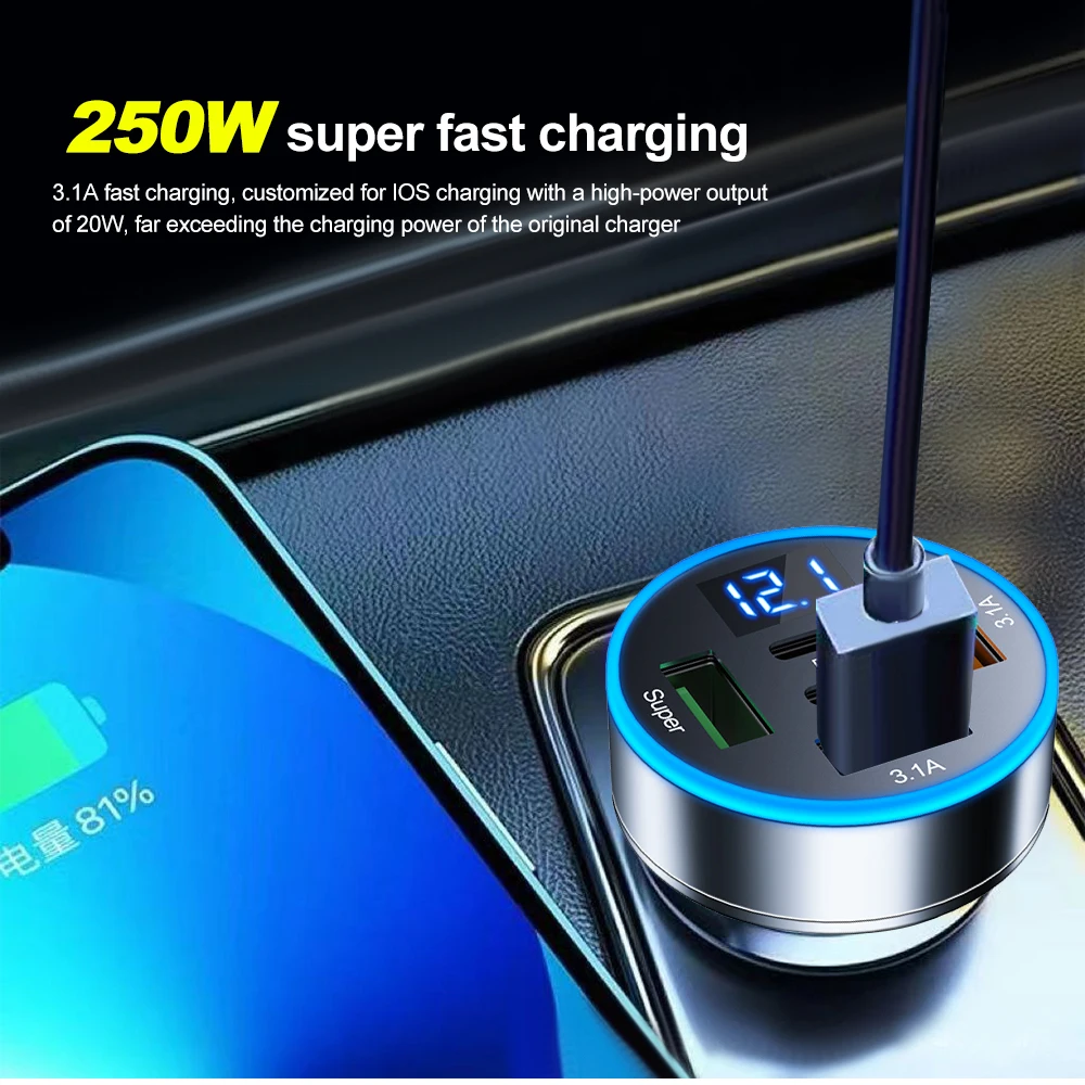

250W 5-Port Car Charger Fast Charging Pd Qc3.0 Usb 3.1A Car Mobile Phone Charger C Type Adapter with Voltage Display