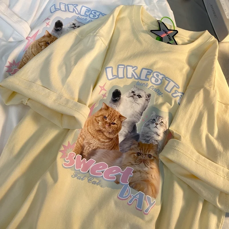 Women Cat Super Cute T-shirt Loose Short Sleeve Sweet Plus Size Shirt Women's Clothing Korean Round Neck Multi Color Top