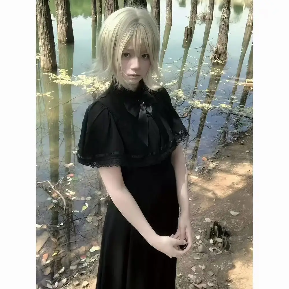 Abito Lolita in stile gotico nero da donna Gonna lunga con bordo in pizzo stile francese Ragazze vintage Halloween Street Cosplay Abbigliamento femminile