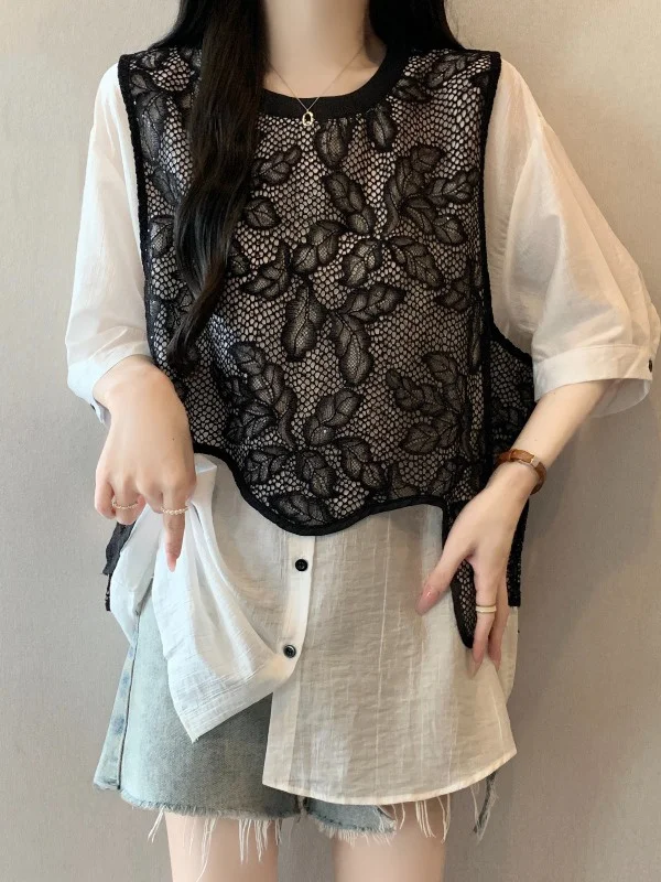 

Lace Hollow out Short Sleeve Shirt Women's Mid-Length Top Large Size Fat MM Commute Style Korean Version Loose Fit Blouse