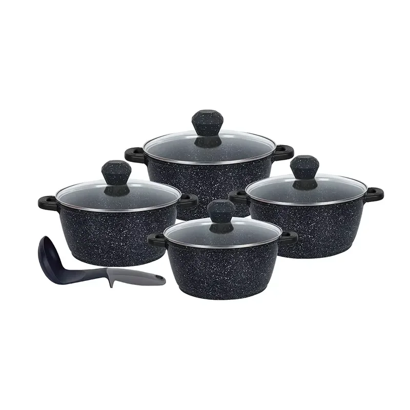 【CHIMU HOME】 9pcs Non-Stick Marble Coating Die-Cast Aluminum Frying Pan Cookware Set with Glass Lid for Cooklover