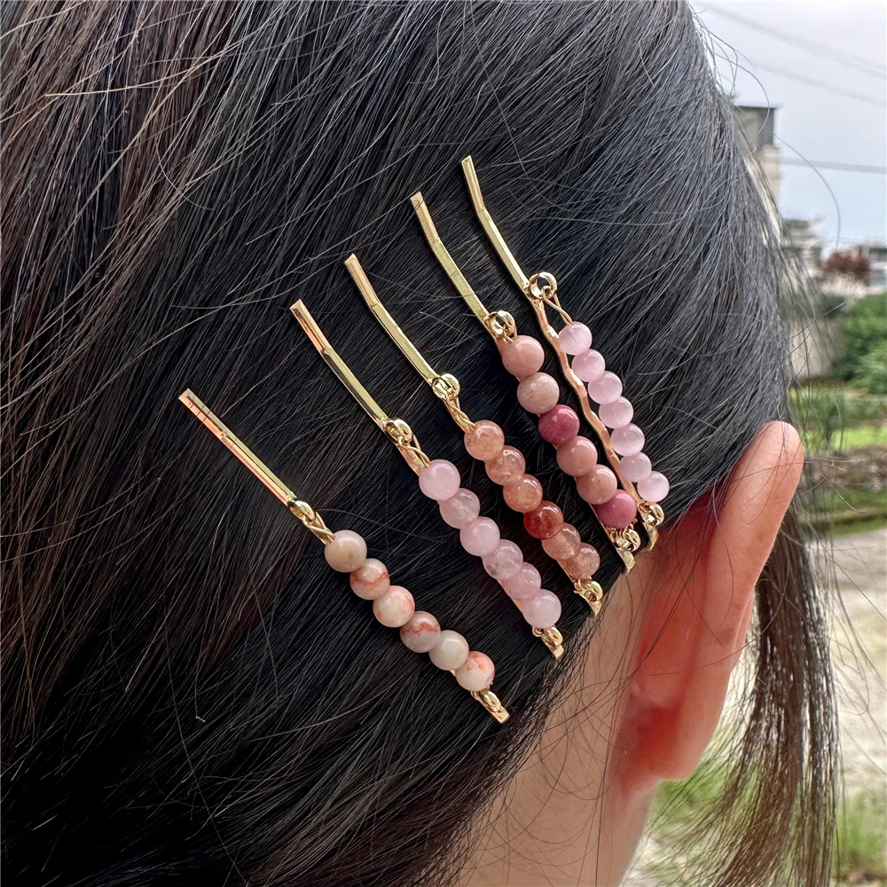 5Pcs/set 4mm Natural Stone Beads Hairpins For Women Amethysts Pink Quartzs Agates Crystal Hair Clips Barrettes Hair Accessories