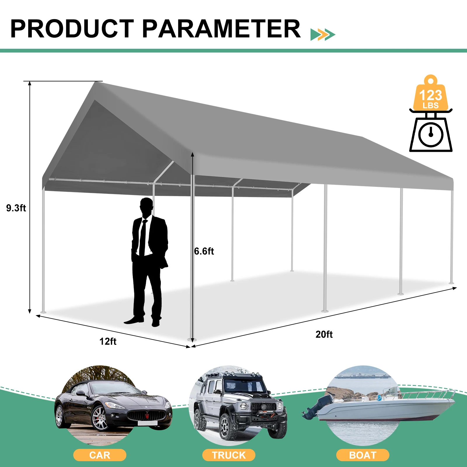 Garagem portátil resistente de garagem com sacos de areia embutidos, dossel de carro para caminhão, barco, SUV com lona para todas as estações, 12x20 pés