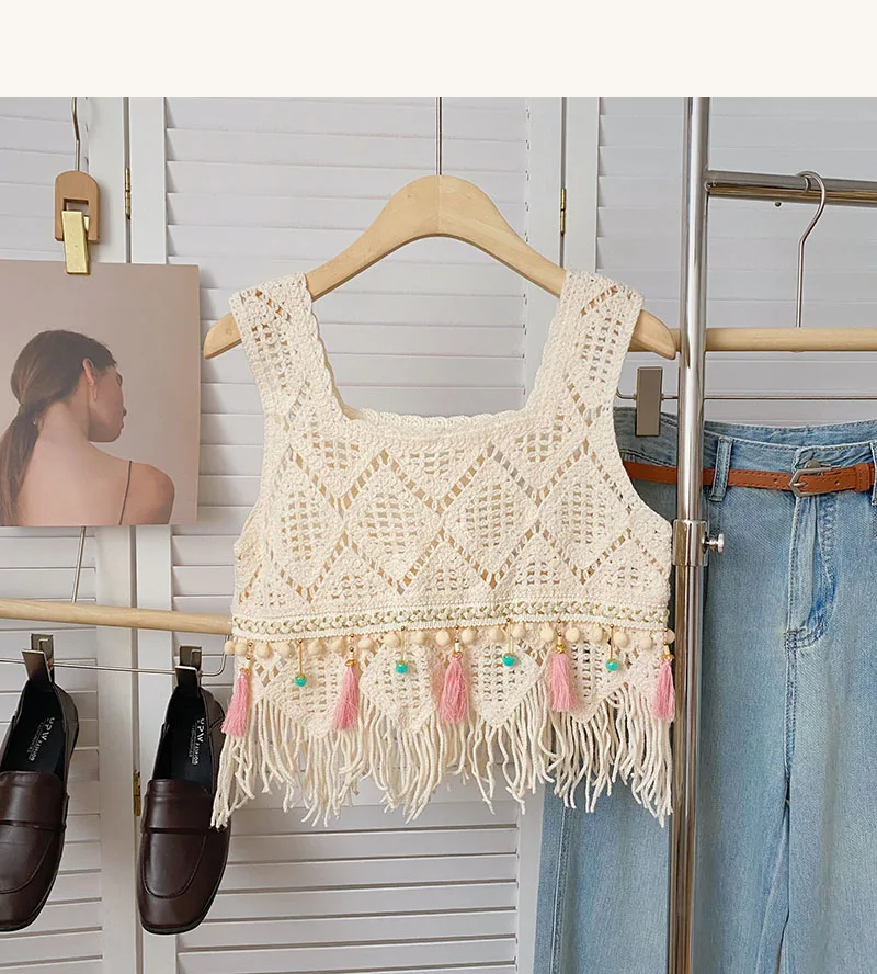 Fringed Crochet Tank Top for Women Sleeveless Square Neck Crop Top Cover Up with Tassel Summer Boho Vacation Outfit