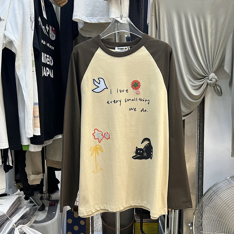 

Embroidered T-irt Long Sve Oversized round Ne Mid-Length Trendy Top for Women Commute Sle Autumn Faion