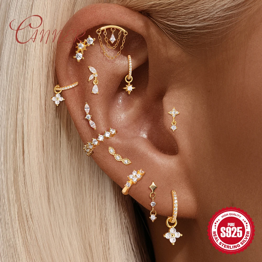 Canner 925 Sterling Silver Tassel Chain Star/horse eye/Petal Piercing Stud Earring Women 18K Gold 6/8/10 Circle Earring Jewelry