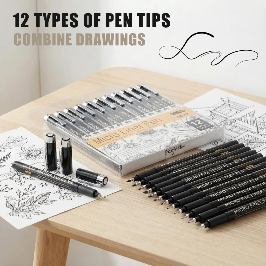 12 Pcs Micro Liner Fineliner Pens Waterproof Quick Dry No Bleed Fine Point Drawing Pens Manga Sketching Architectural Design Art Outline Hand‑Line Drawing Supplies
