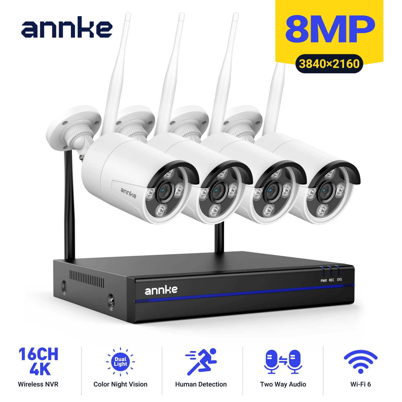 ANNKE 16CH 8MP Kabelloses CCTV-System, 2,4/5,8G WiFi, KI-basierte Personenerkennung, 2-Wege-Audio, IP-Kameras für den Außenbereich, Farbnachtsicht, Plug & Play