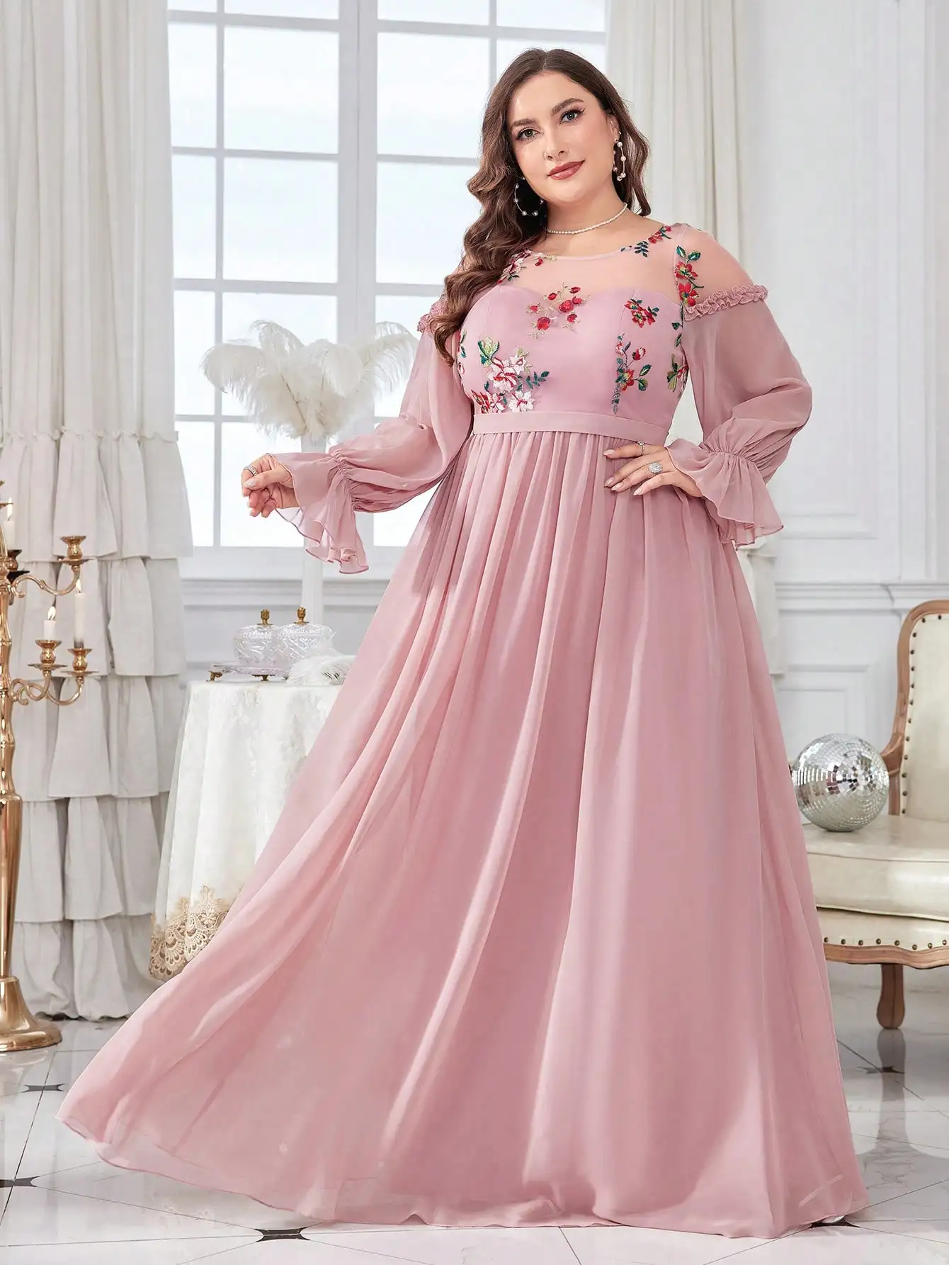 Mgiacy plus size Round neck Color embroidered half-through chiffon chiffon long sleeve dress Evening gown Ball dress Party dress