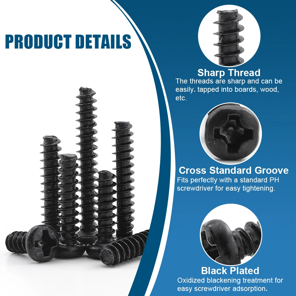 HOWSHENG Phillips Round Head Self-tapping Screw M1.2 M4 M5 Black Plated Cross Pan Head Tapping Screw Flat Tail for Woodworking