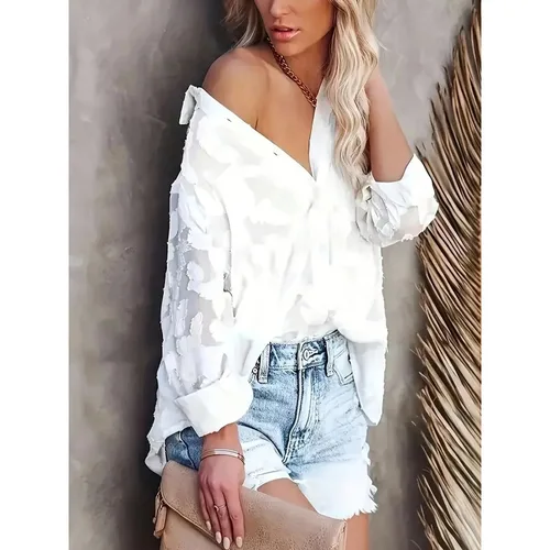 Imagen 2 del producto Camisa de manga larga de talla grande 1XL-5XL para mujer, camisa de gasa Jacquard con temperamento para ir al trabajo, ropa de playa semitransparente