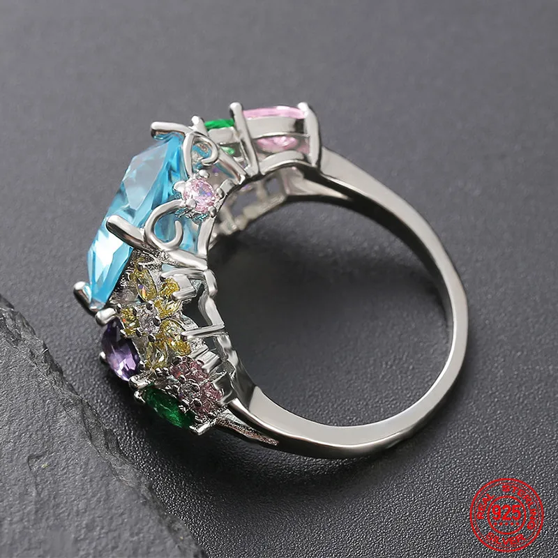 خاتم مربع من الأحجار الكريمة للنساء ، فضي إسترليني ، ملون ، هدية بريق ، مجوهرات الزفاف ، الموضة #3