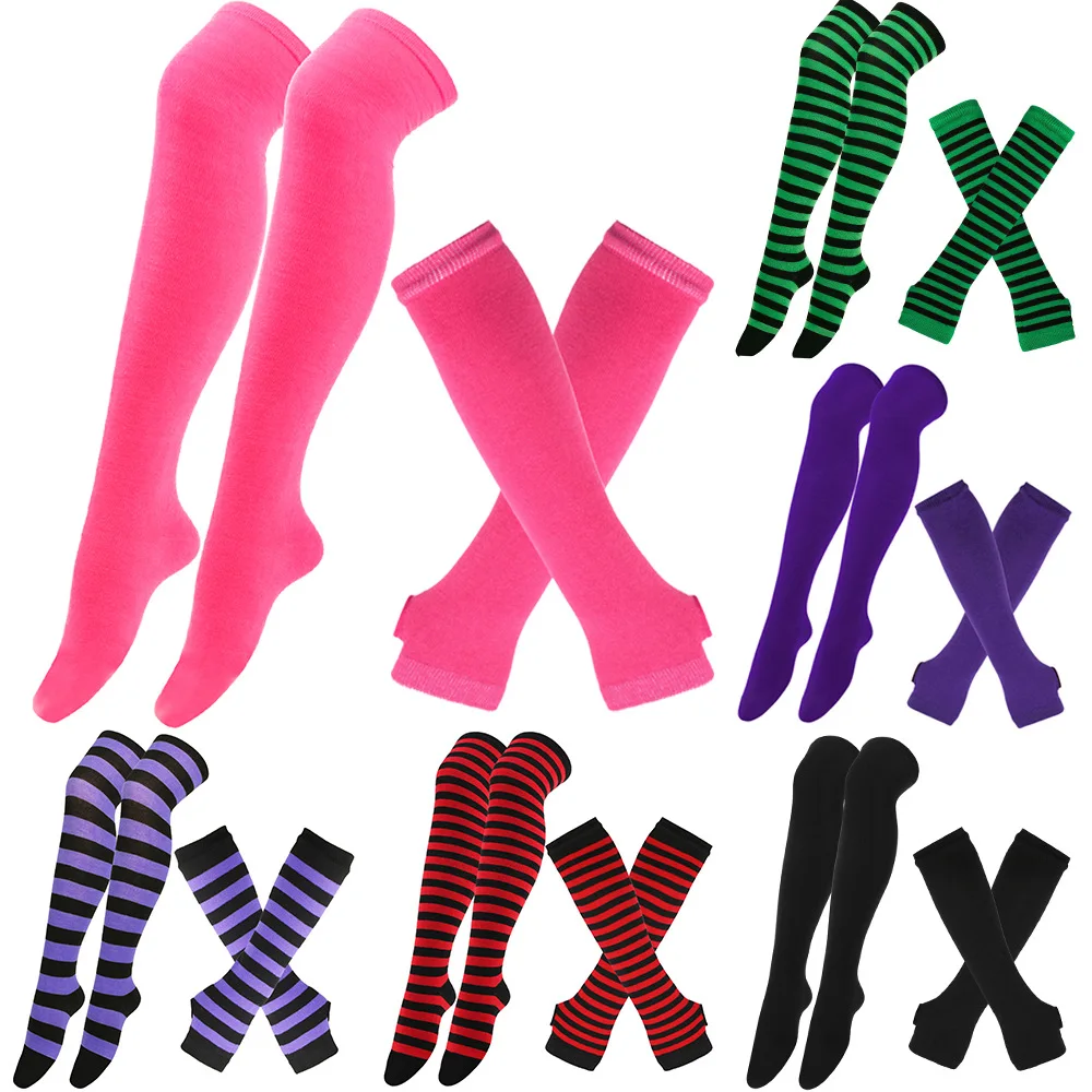 Sweet Cute Gloves + Plus Size Overknee Socks  Women Girls Over Knee Long Stripe Printed Thigh High Striped Cotton Socks