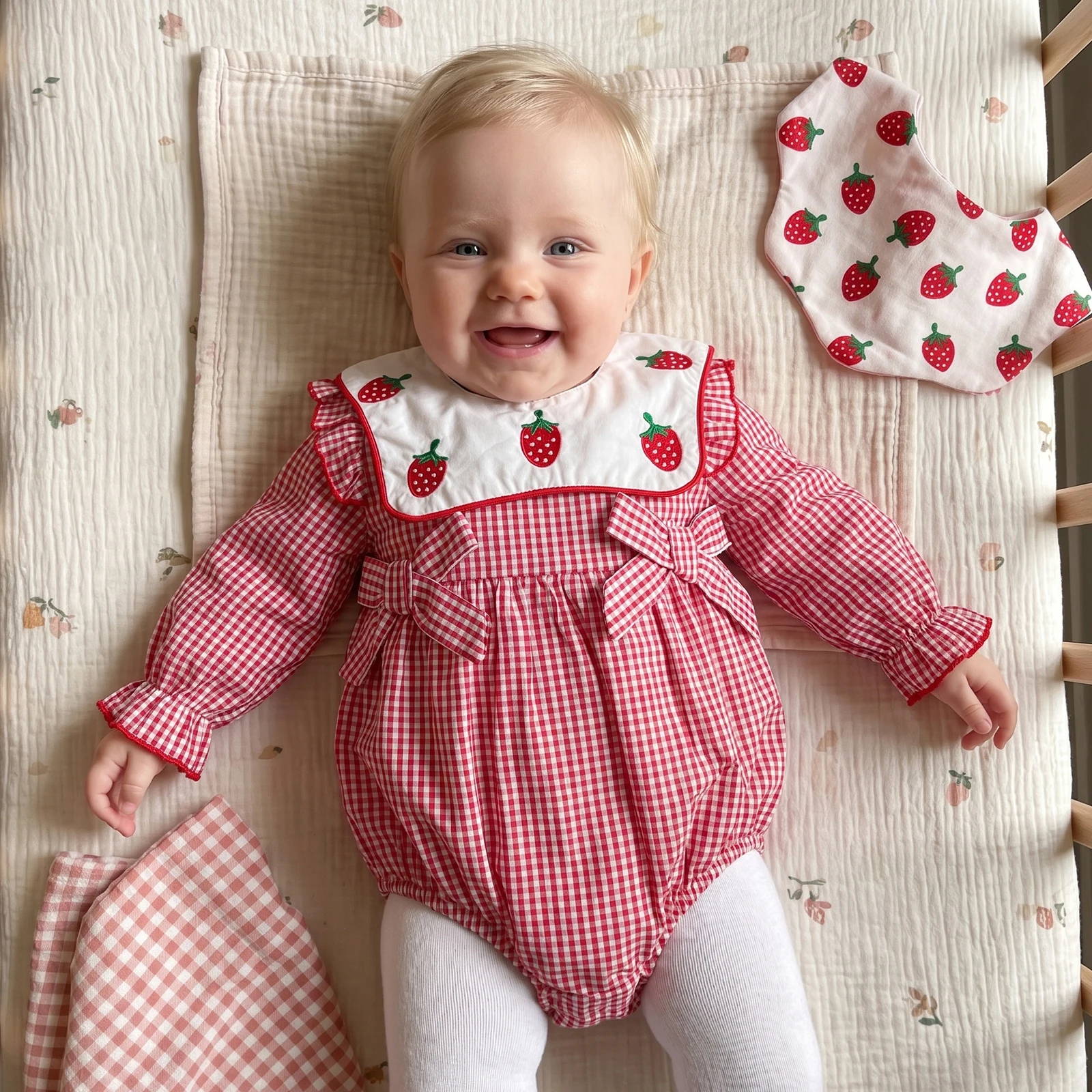 Baby Girl Romper Long Sleeve Round Neck Strawberry Embroidery Bodysuit