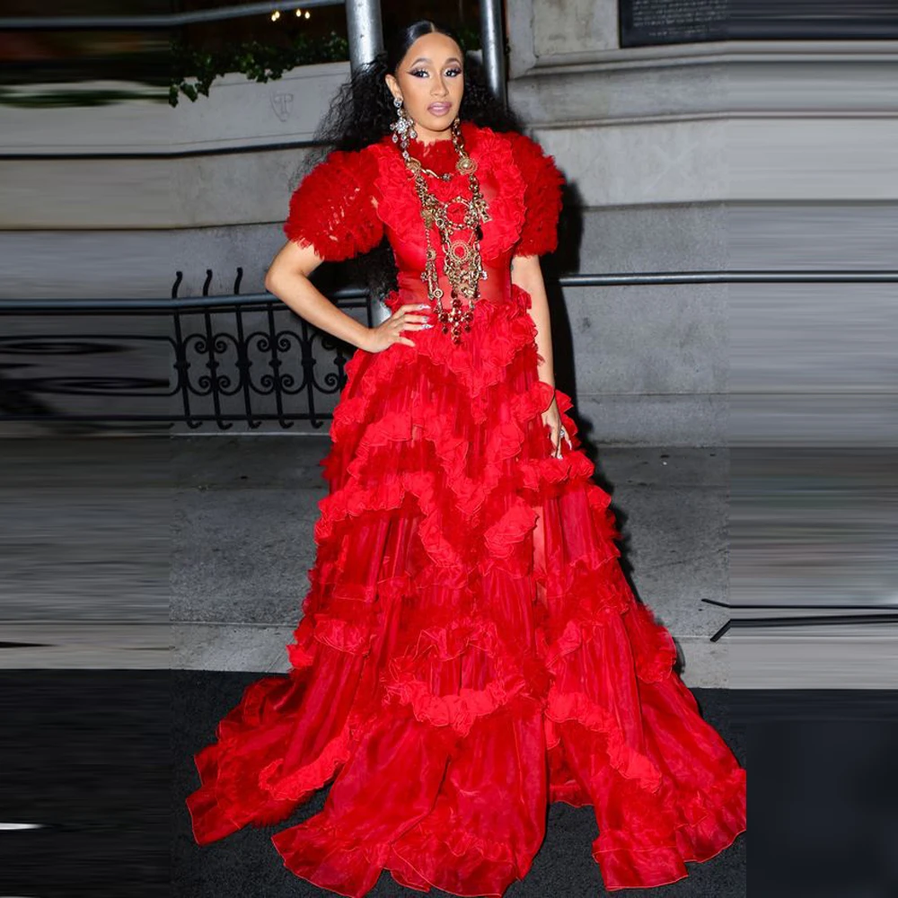 Red &Dark Red Evening Dresses With Short Sleeves Ruffles A Line Tulle Chic Prom Dress Mixed Colors Aso Ebi Party Gowns