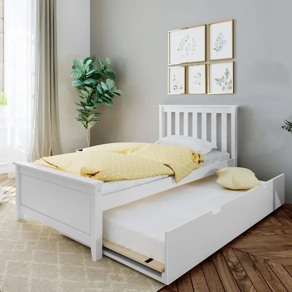 

Twin Bed, Wood Bed Frame with Headboard For Kids with Trundle, Slatted, White