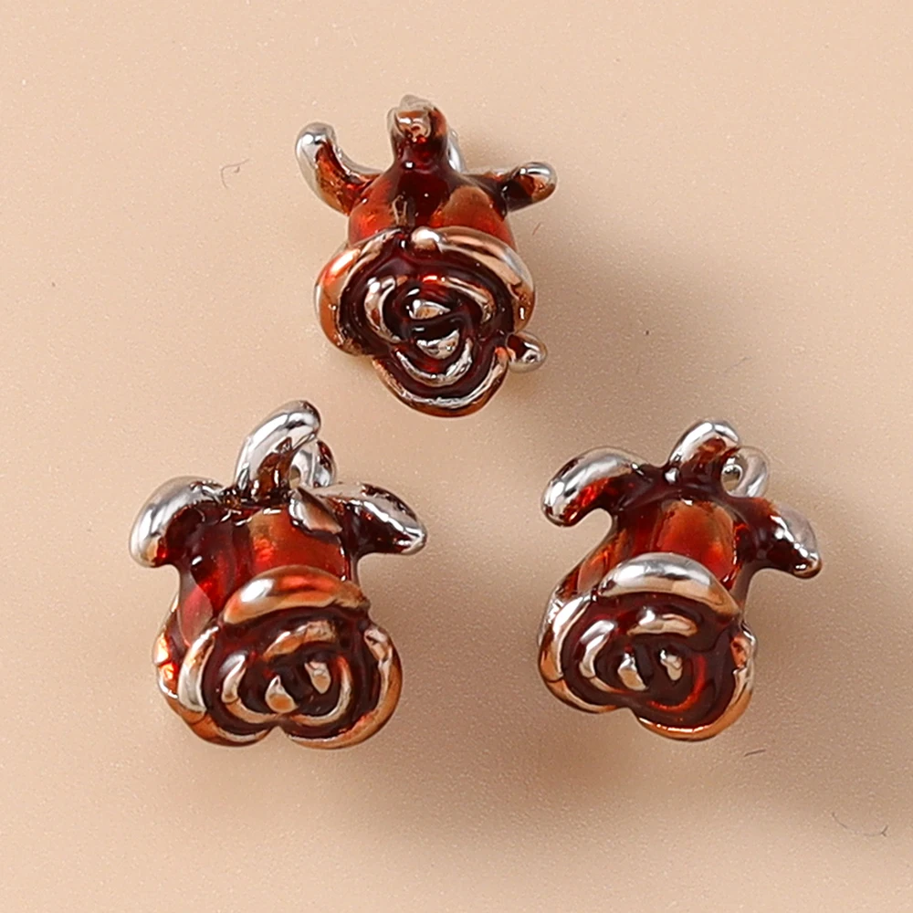 Leslie 5 Stück Emaille-Anhänger aus Legierungsmetall mit roten Rosenblüten für DIY romantische Rosen-Ohrringe für Damen, Schmuckherstellung, Zubehör – Detail 12