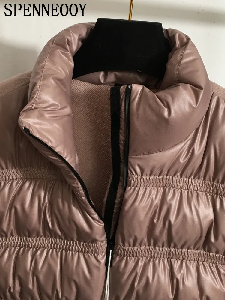 SPENNEOOY Fashion Runway Autumn Pink Warm Padded Jacket Women's Stand Collar Straight Barrel Long Sleeve Button Pocket Jacket