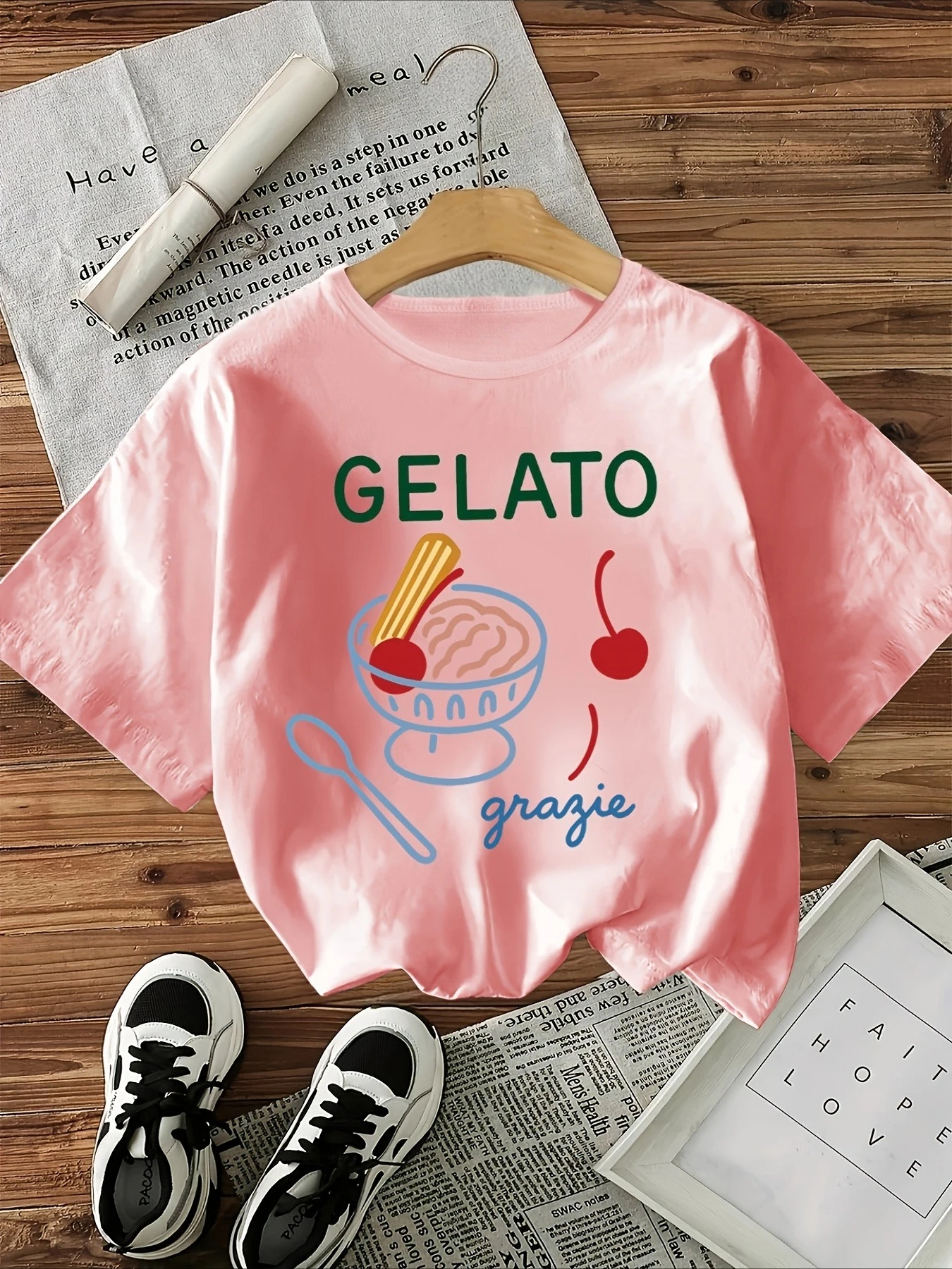 Summer New Children's Round Neck T-shirt Loose Comfortable Fashionable Versatile Simple and Fun Ice Cream Letter Printed Top