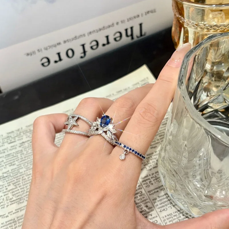 925 Sterling Silver Sparkling Light Luxury High-End Ring, Topa Blue Diamond Water Drop Crown Gemstone Pentagram Ring Jewelry