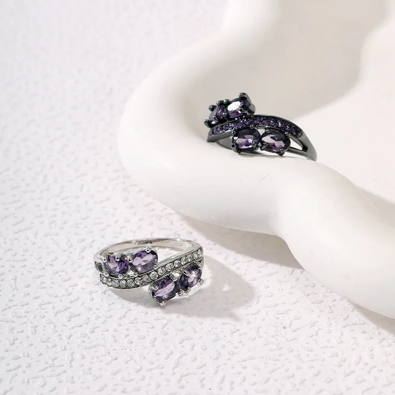 1pcs Hot Selling French Romantic Purple Zircon Ring With A Light Luxury And high-end Sense Noble Gun Black Ring For Women