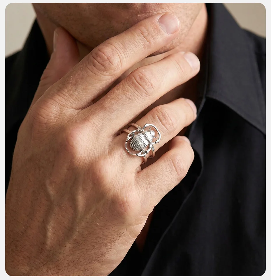 Vnox Ägyptischer Skarabäus Offener Ring, Versilberter Mehrschichtiger Statement-Fingerring, Gotischer Insektenschmuck für Männer und Frauen als Partygeschenk – Detail 3