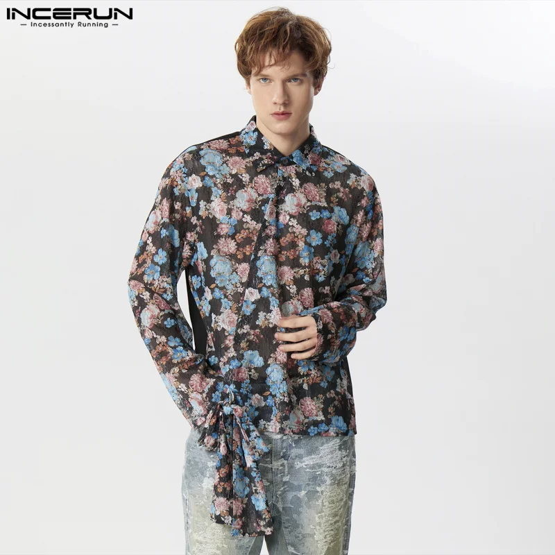 INCERUN-Tops de encaje con estampado Floral para hombre, camisas de moda, ropa de calle informal, diseño de corbata cruzada, blusa cárdigan de manga larga, S-5XL, 2024