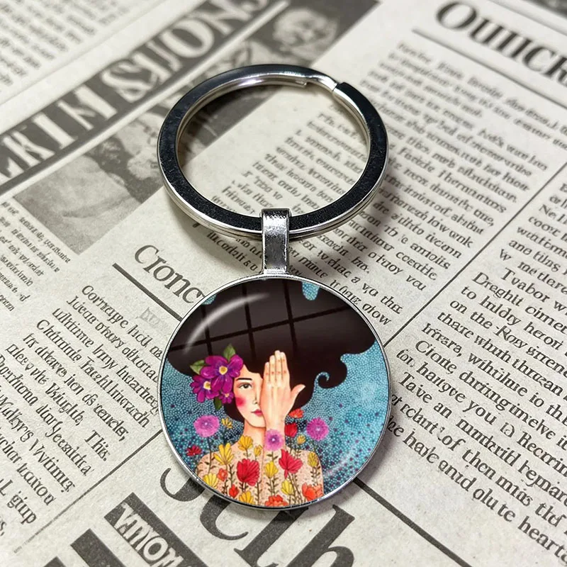 Elegant Beauty Floral Girl Art Round Glass Cabochon Keychain Vintage Portrait Bloom Pattern Auto Key Pendant Unisex Gift