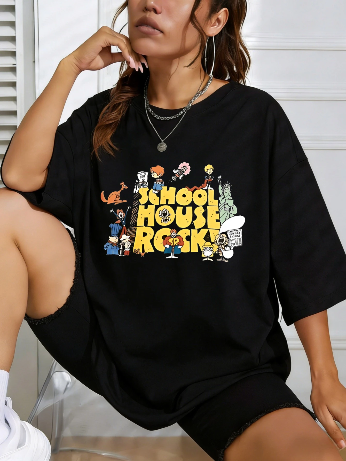 

Женская футболка оверсайз из хлопка с ретро-принтом в стиле School House Rock, с коротким рукавом, летняя, повседневная, подарок для нее