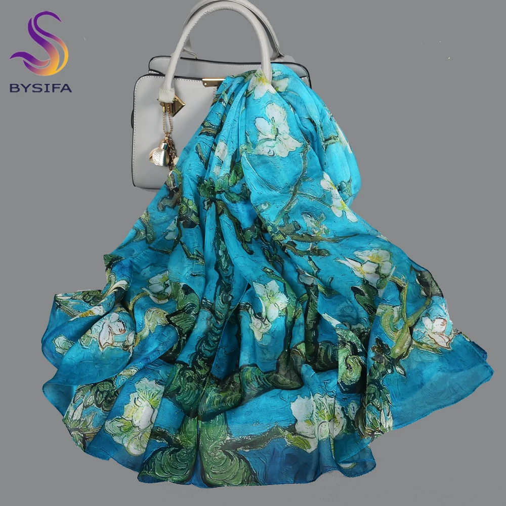 [BYSIFA] Spring Autumn New Lake Blue Women 100% Silk Scarf Summer Floral Chiffon Long Scarves Beach Shawl 180*110cm Echarpes