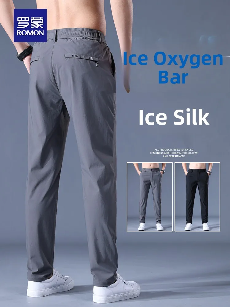 

Ln Ice Silk Men's Summer Thin Qui Dry Sports Pants Busin Casual Loose Straight Leg Elastic Long Trousers Faionable