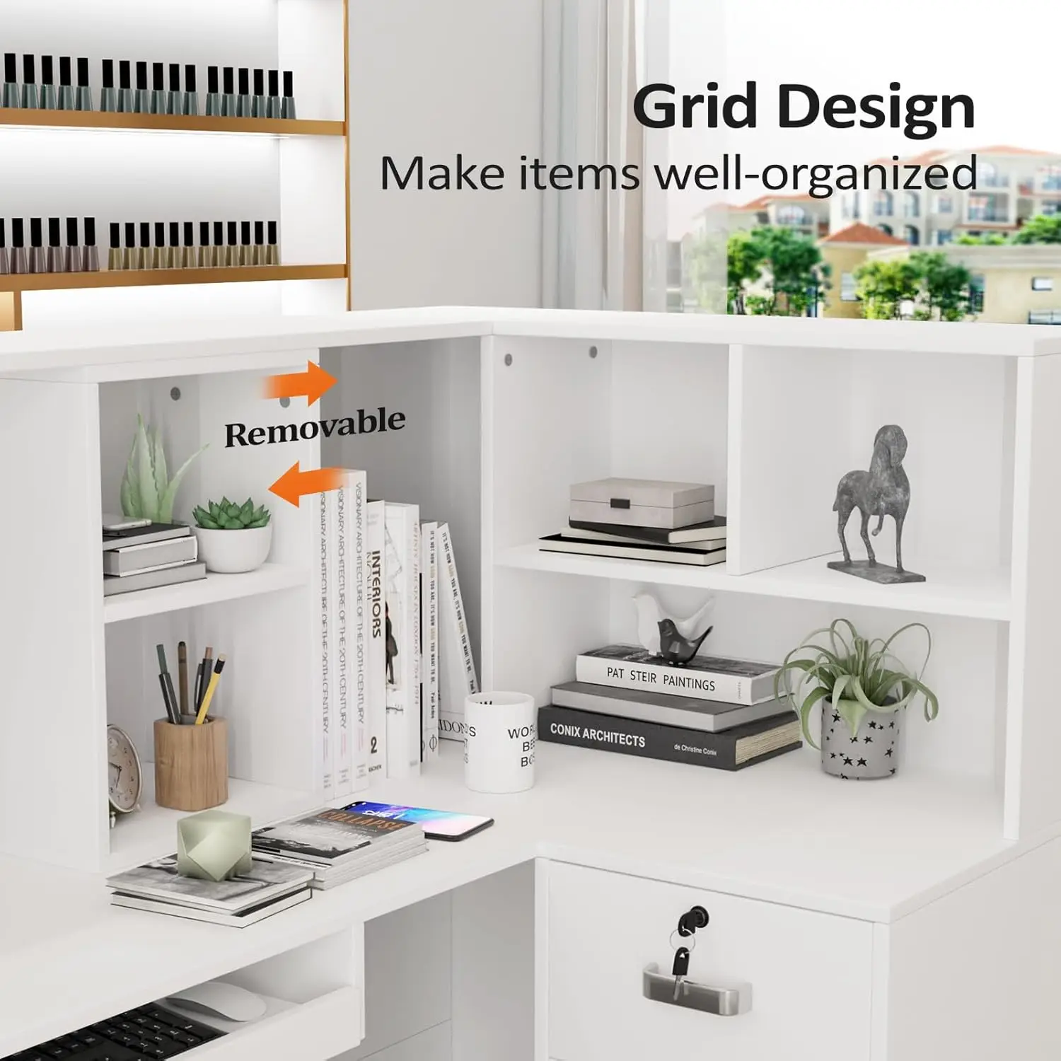 Modern Reception Desk, L-Shaped Front Desk with Moveable Shelves and Lockable Drawers, Retail Checkout Counter Table, for Lobby