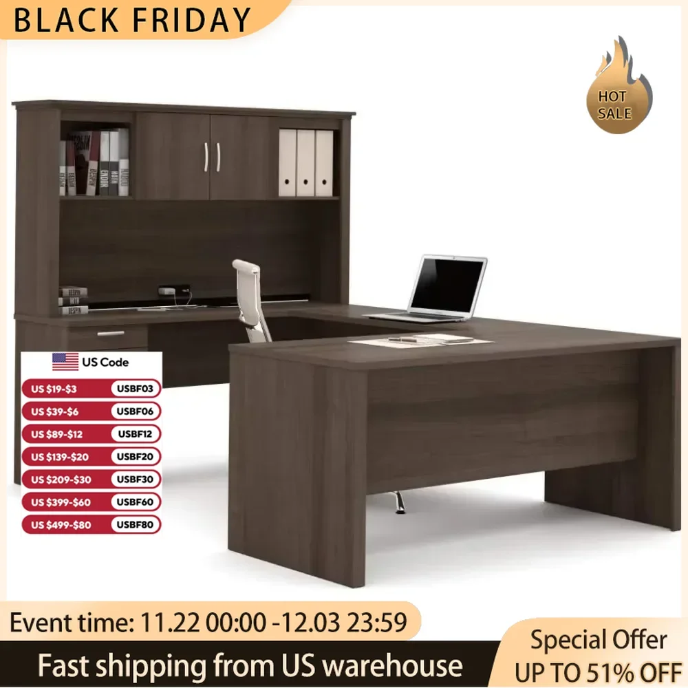 U or L-Shaped Executive Office Desk with Pedestal and Hutch in Antigua,High-density commercial-grade particle board work surface