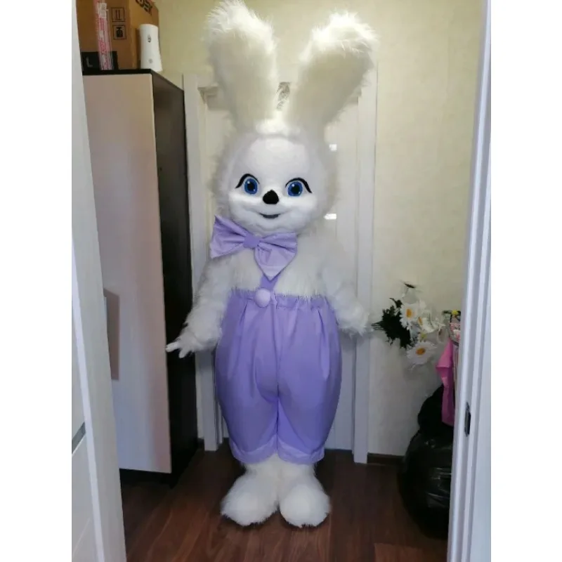 

Purple Overalls White Rabbit Mascot Costume Advertising Walking Clothings Halloween Carnival Party Fashion Show Suits