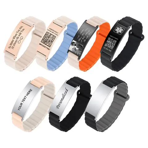 Personalized Medical Alert ID Bracelets for Men Women With QR Code, Customzied Picture Name Bracelets Silicone Wristband
