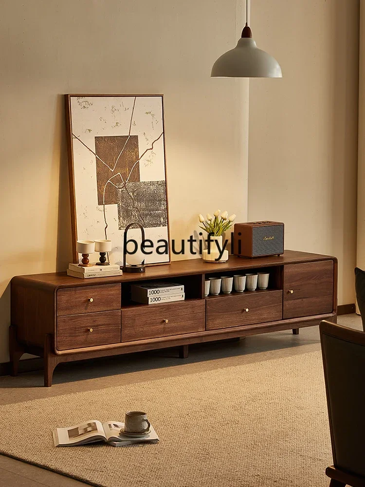 

D96 North American black walnut TV cabinet Nordic simple living room home locker with drawers