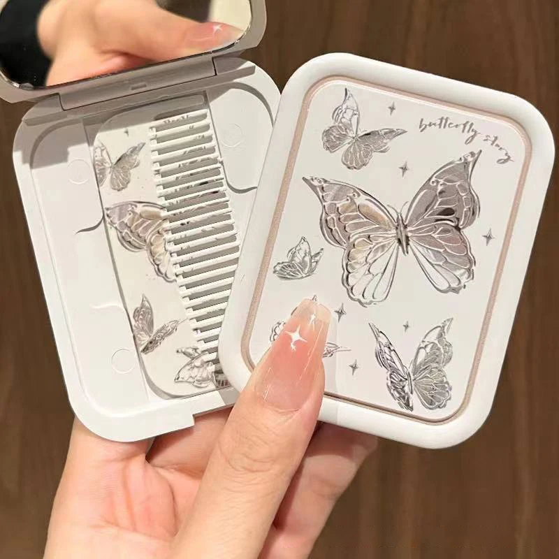 Składane lusterko do makijażu Butterfly Flip-Top Przenośne lusterko kieszonkowe dla kobiet Prostokątne lusterko kosmetyczne do makijażu z grzebieniem