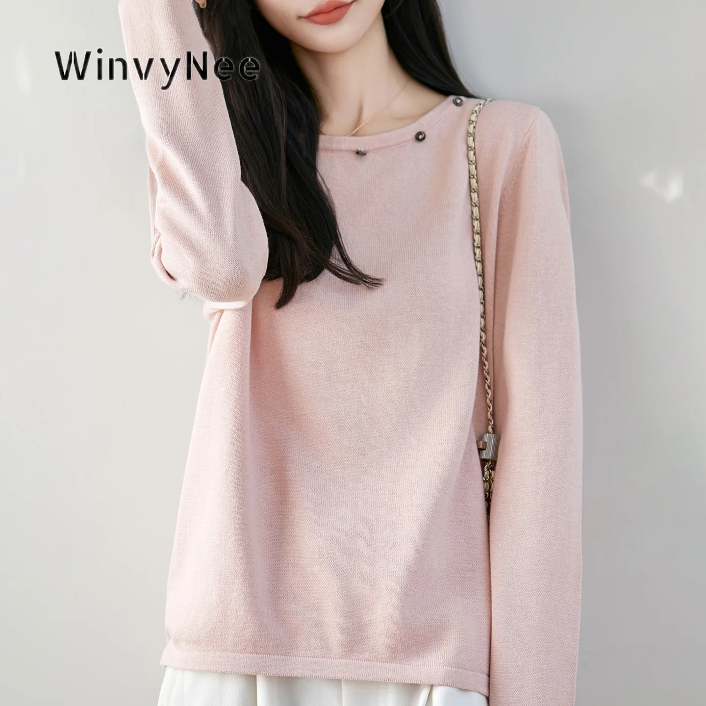 WinvyNee Women Knit Top 100% Cotton Five Buttons Round Neck Long Sleeve Relaxed Cropped Pullover Elegant Daily Attire ZA1092069