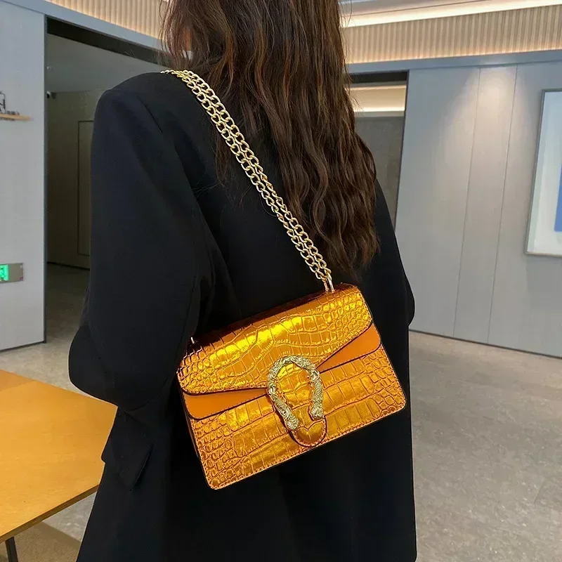 Bandolera de hombro con cadena de lujo para mujer, bolso de diseñador con doble compartimento, bandolera de moda brillante, 2024