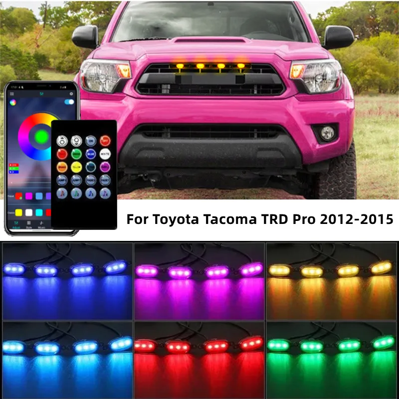 NEW 4PCS APP/Remote Control Car Modification LED Front Grille Light with Wiring Harness Fits For Toyota Tacoma TRD Pro 2012-2015