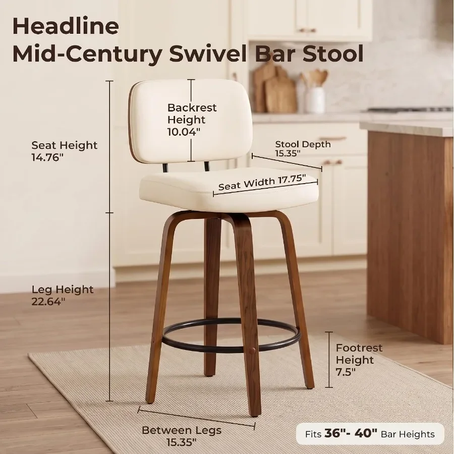 Counter Height Bar Stools 2, 26+inch Swivel Faux Leather Barstool with Back, Upholstered Mid-Century Modern Bar Chairs with Ben